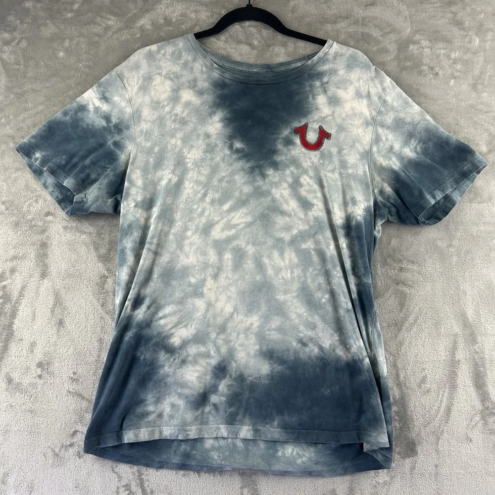 True Religion T-Shirt Men's L Ocean Waves Blue Tie Dye Buddha Short Sleeve